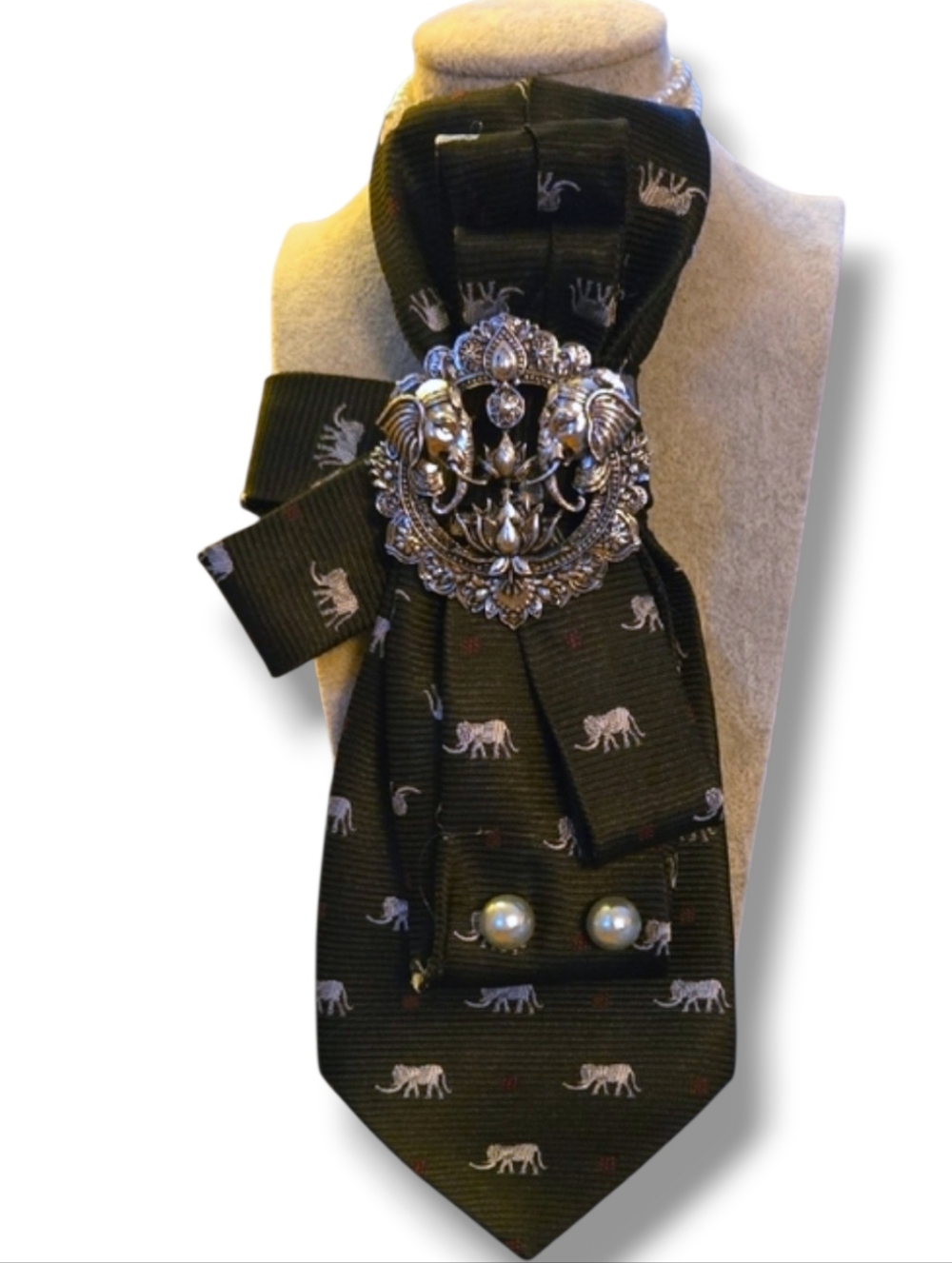 3/$60 Gray And Black Patterned Folded Cravat with Decorative Elephant Brooch